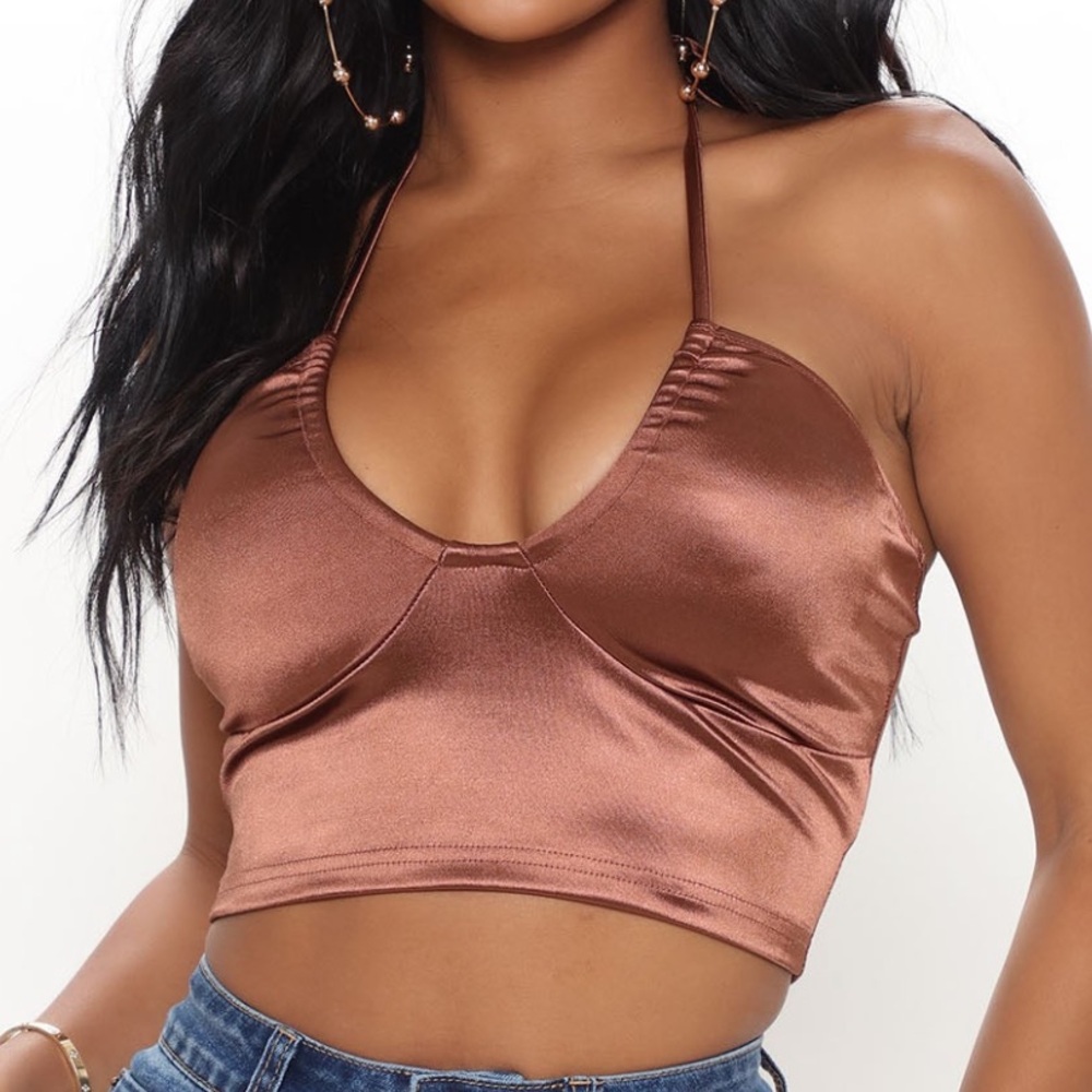 NWT Fashion Nova Brown Satin Halter Crop Top Sz XL